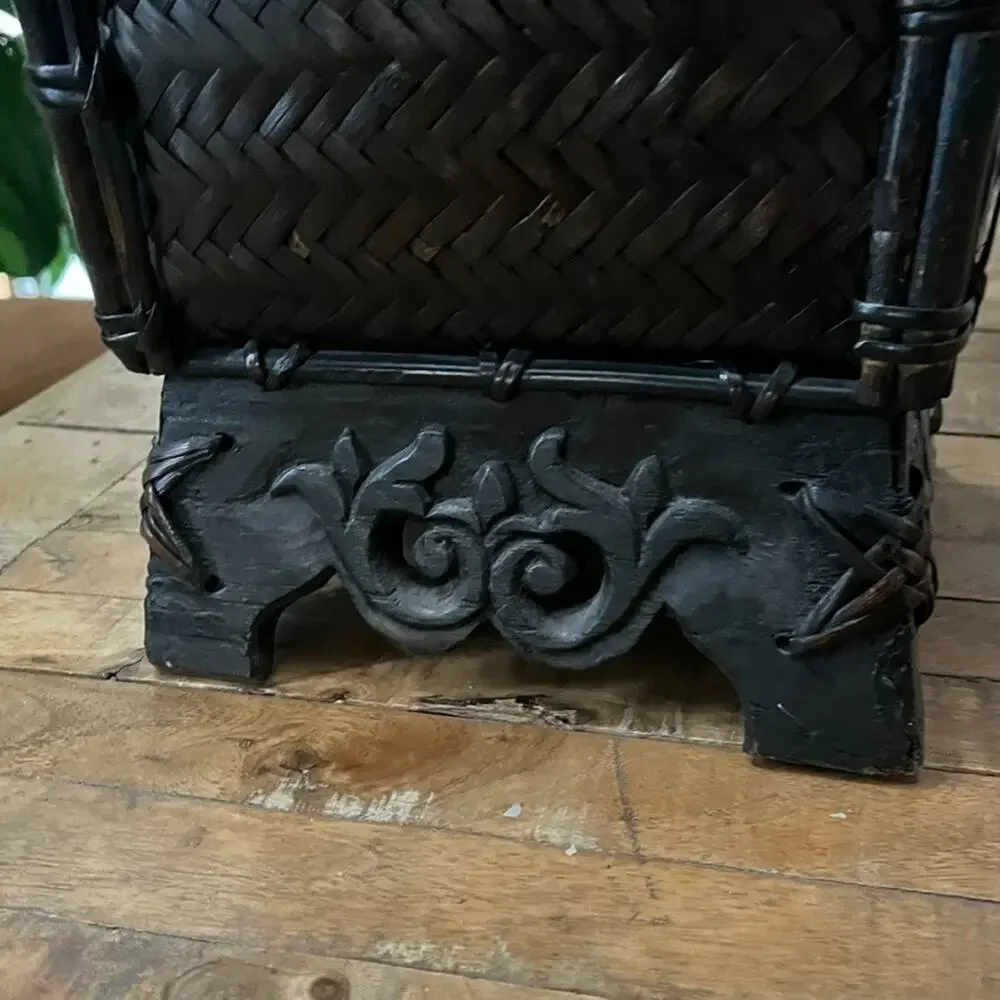 Vintage Chinese Footed Woven Rattan Storage Basket with Lid